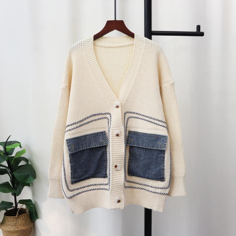 Autumn and Winter New Loose Splicing Denim Knitted Cardigan Design Sense Lazy Wind Sweater Jacket Women