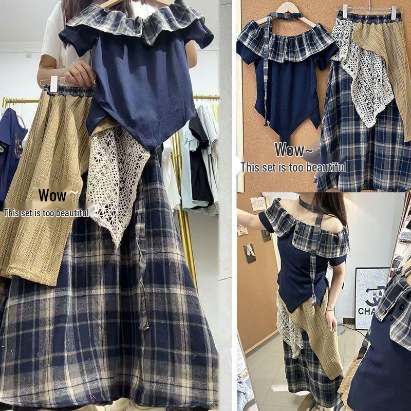 

Women s Bohemian Plaid Off-Shoulder Two-Piece Set with Lace Midi Skirt L