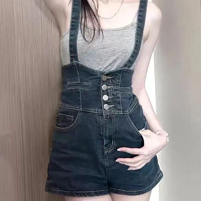 Women's Retro High-Waisted Denim Overalls - Sweet & Spicy Style, Versatile Wide-Leg, Slimming Shorts