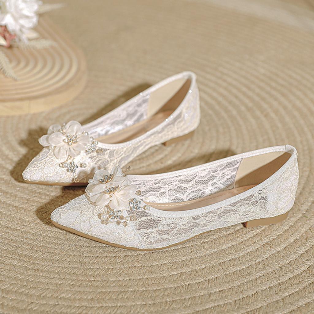 French Style Women's Flat Shoes, New Fairy Style Pearl Bridesmaid Single Shoes, Mesh Breathable and Gentle Sandals for Women
