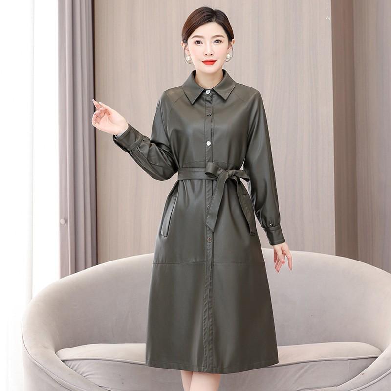 Womens Mid-Long Sheepskin Leather Coat Winter Elegant Office Wear Oversized Fit Black Army Green Burgundy