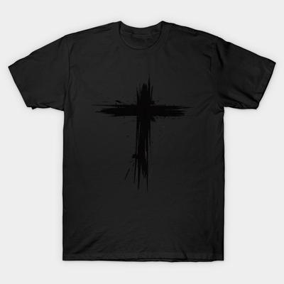 Asian Size Men Black Print T-shirt Black Christian Cross No-Cut Heat Transfer Print Cotton Tshirt