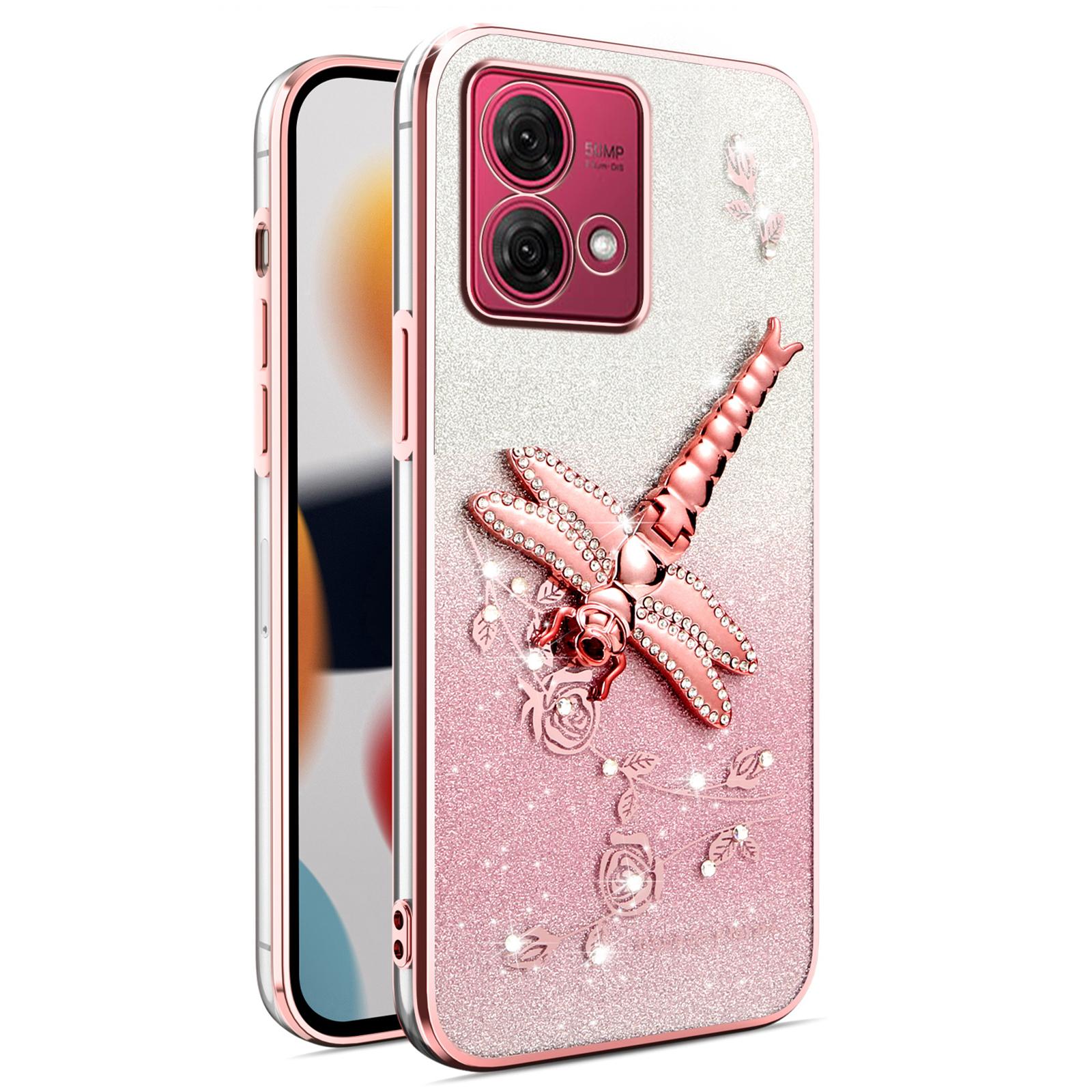 

Чохол для Motorola Moto G84 5G з підставкою у вигляді бабки, з TPU, з квітами та блискітками Pink