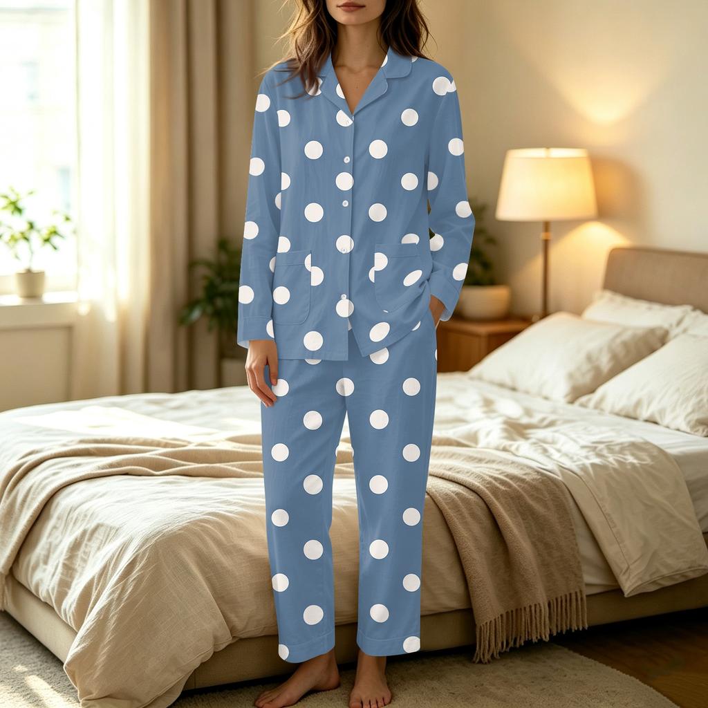 Damen Polka Dot Set Langarm-Oberteil und Lange Hose Lässiges Zweiteiler Loungewear für Zuhause Entspannen