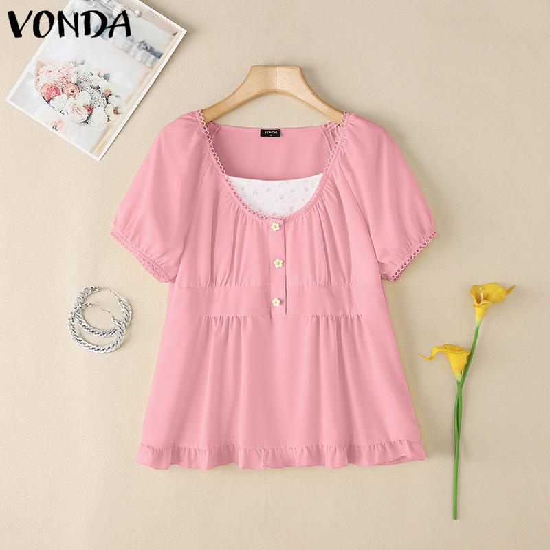 VONDA Damen Sommer Puffärmel Häkelrand Patchwork Rüschen Lässige Bluse