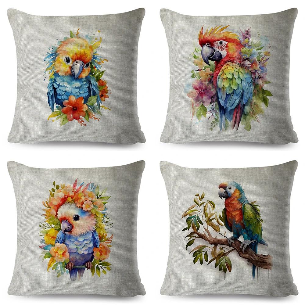 Federa Cuscino Doppia Stampa Cartoon Uccello Pittura ad Acquerello per Decorazione Divano Casa Bella Pappagallo Animale Federa Cuscino Copricuscino in Lino