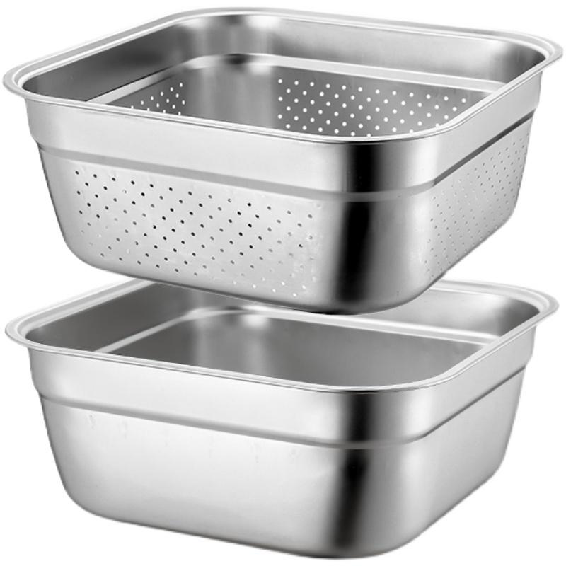 304 Stainless Steel Deep Perforated Colander Basin - Square Drip Basket for Straining & Washing Vegetables/Oil/Braised Dishes