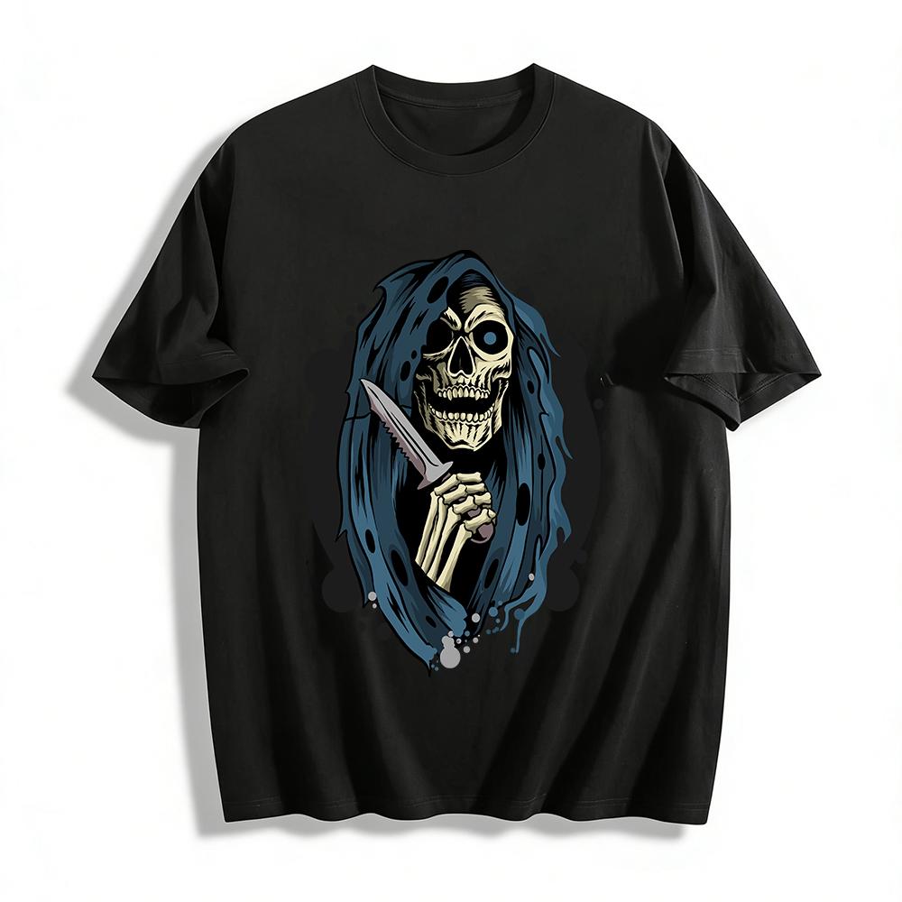Grim Reaper Skull With Blade Print Edgy Casual Top Pure cotton T-shirt XXS
