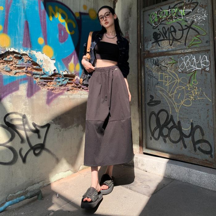 

Юбка на кулиске с высокой талией для женщин, Эластичная талия, А-силуэт, Юбка средней длины для женщин, Летняя юбка, Черная повседневная юбка для женщин L