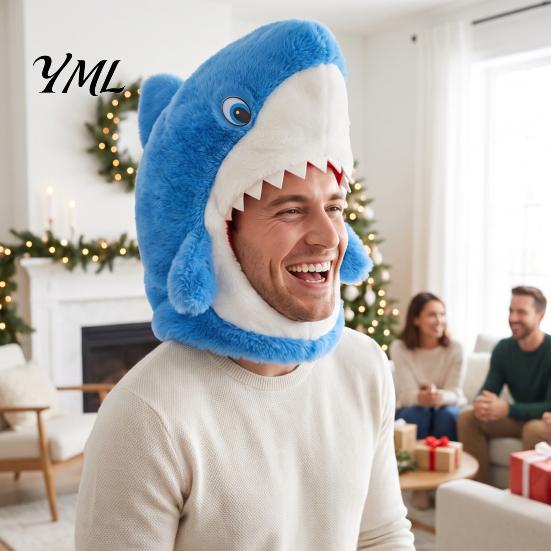 Funny Shark Hat for Parties Mask Adults/Kids, Plush Headgear, Adjustable Costume Hood Halloween Theme Photo Prop Unique Prank Gift Friends