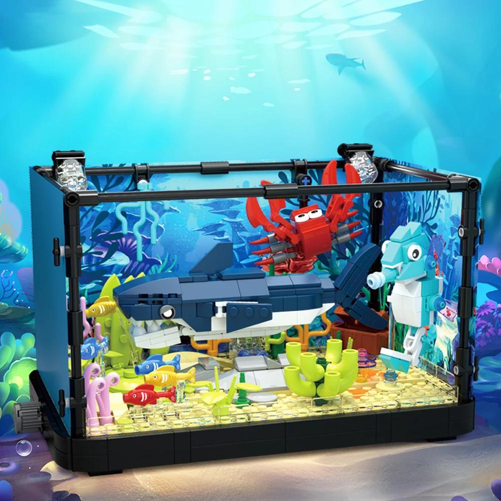 Idea Fish Tank Building Block Set with Light Aquarium Marine Life Jellyfish and Turtle Ecological Tank Toys for Boys and Girl