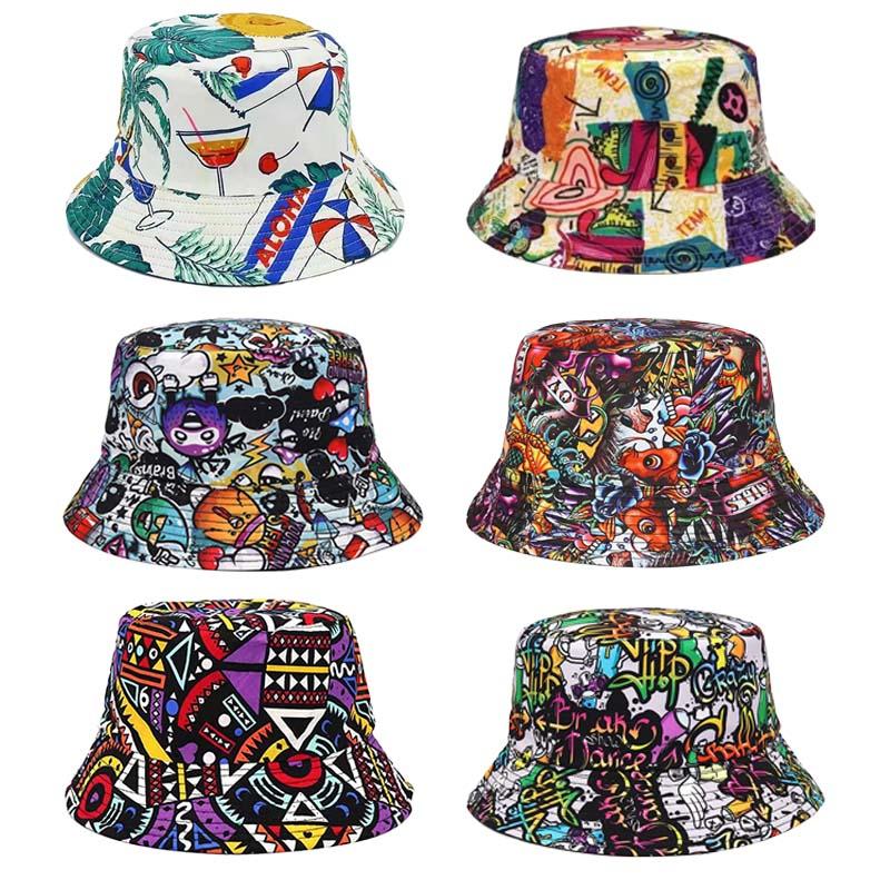 Double Sided Outdoor Sun Hat Hip-Hop Cap Fishing Fisherman Graffiti Hat Men Women Animal Letter Print Panama Bucket Hats