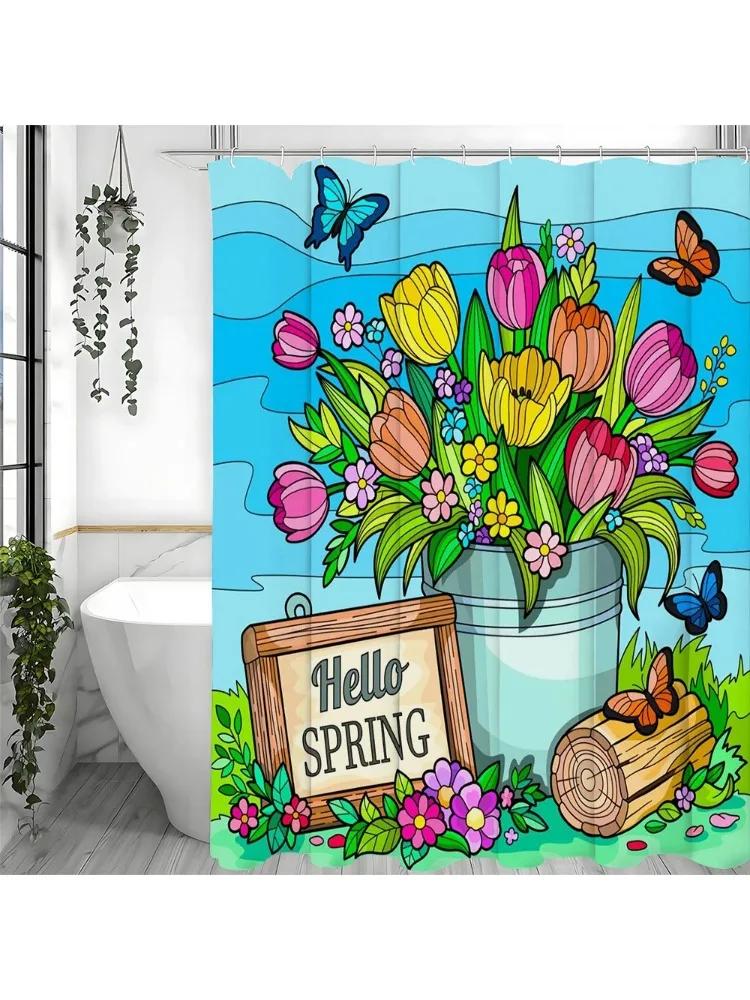 Spring Flower Butterfly Shower Curtain, Bathroom Decorative Shower Curtain, Waterproof Shower Curtain with Hooks