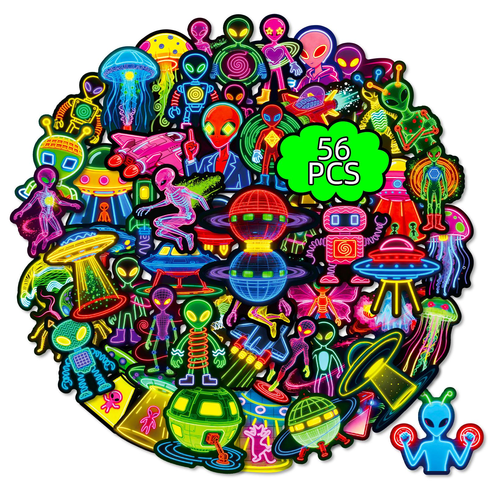 56 Neon Alien Spaceship Graffiti Stickers Cool Personality Cartoon Decorative Waterproof Stickers