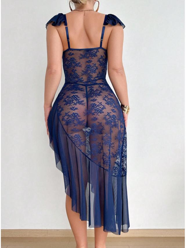 Plus Size Erotic Lace Mesh Deep V Nightgown