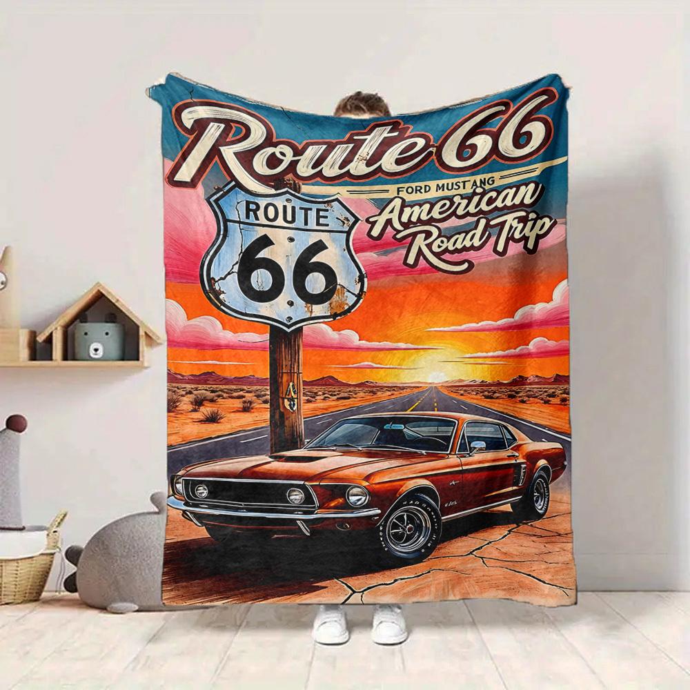 1 Stück Route 66 Flanelldecke [Gemütliche Überwurfdecke] Für Sofa, Bett, Reisen, Camping, Wohnzimmer, Büro, Couch, Stuhl Und Bett