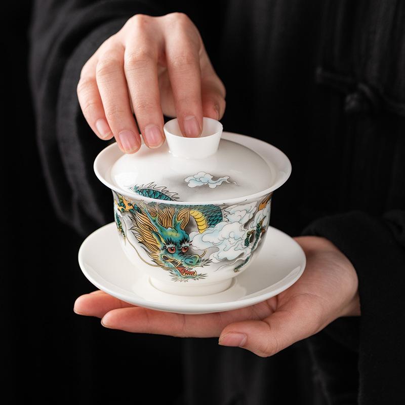 Longteng Jade Porzellan Sancai Gaiwan Hochwertige Geschäftsgeschenke für leitende Lehrer und Väter, hochwertige Souvenirs für die Jahresversammlung des Unternehmens