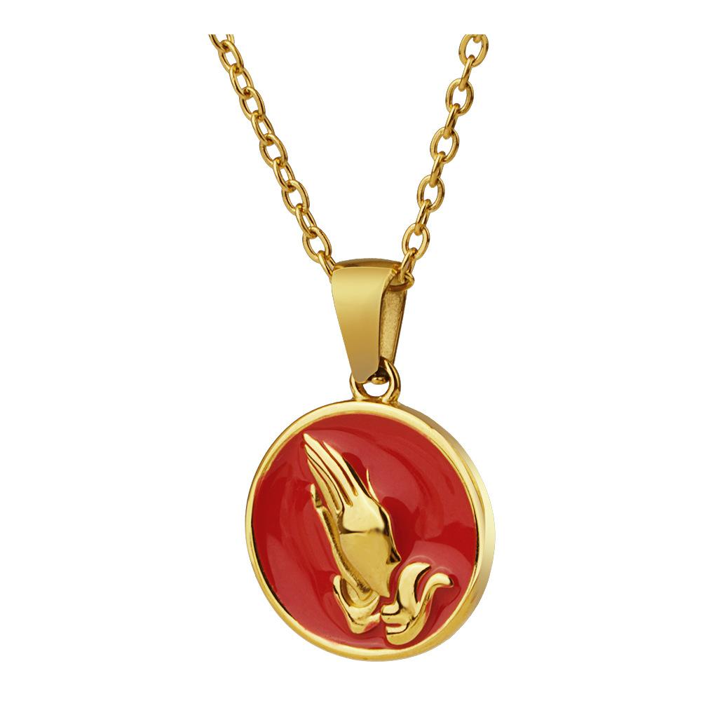 Europe America Style Retro Oil-Drop Prayer-Hands Womens Personalized Polished Electroplated Stainless Steel Pendant Necklace for
