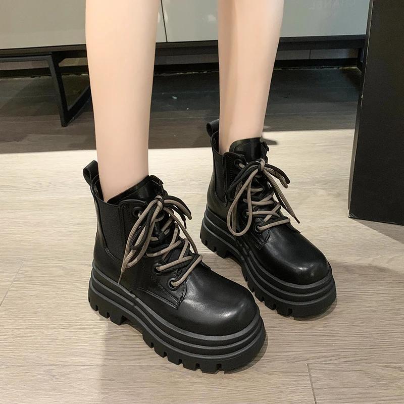 Fashion Autumn Chunky Ankle Boots 2024 New Women's Round Toe Thick Bottom Winter Boots Black Platform Short Boots Woman Wedge 7cm Heels