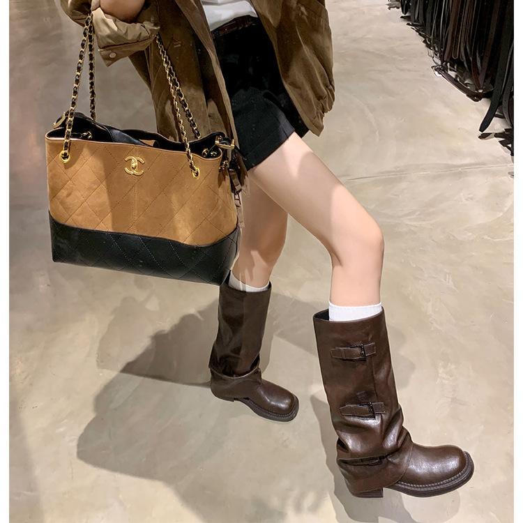 Su Yinyin, the Same Spice Girl Pant Tube Boots, Thick-soled Heightened Medium Tube Belt Buckle, Western Knight Boots, Black Stacking Boots for Women