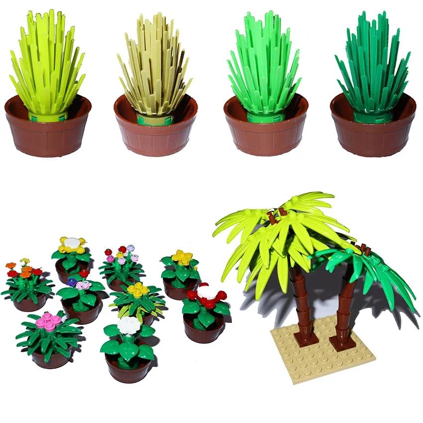MOC Construction Bricks City Street Potted Plants Tree Stem Grass Flower Pot House Garden Accessories Blocks 6064 30176 30239 4727