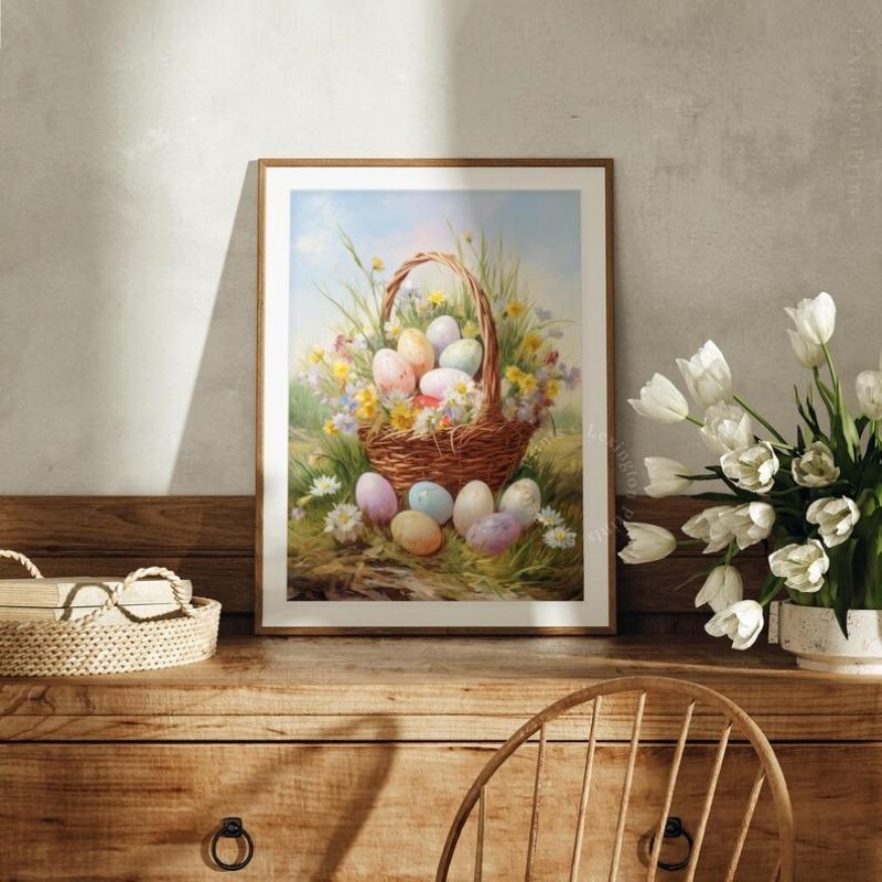 Floral Easter Basket Easter Wall Art Poster Spring Print Easter Print Easter Decor Vintage Farmhouse Decor Easter Egg Print