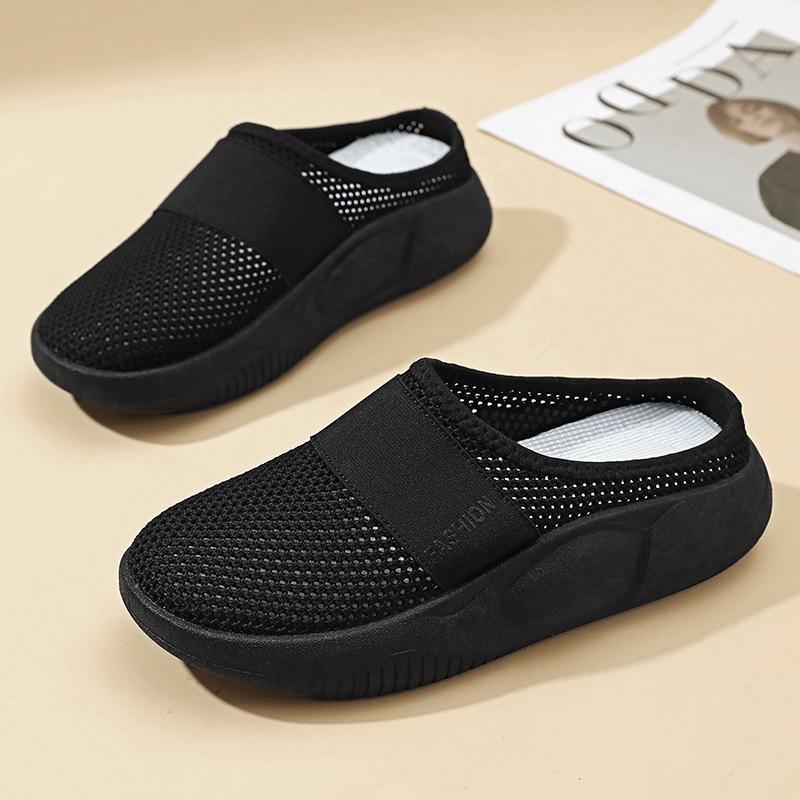 Women's Slip-On Breathable Flyknit Mesh Half Slippers - Comfortable, Casual, Fashionable, Versatile, Plus Size with Hollow Design.
