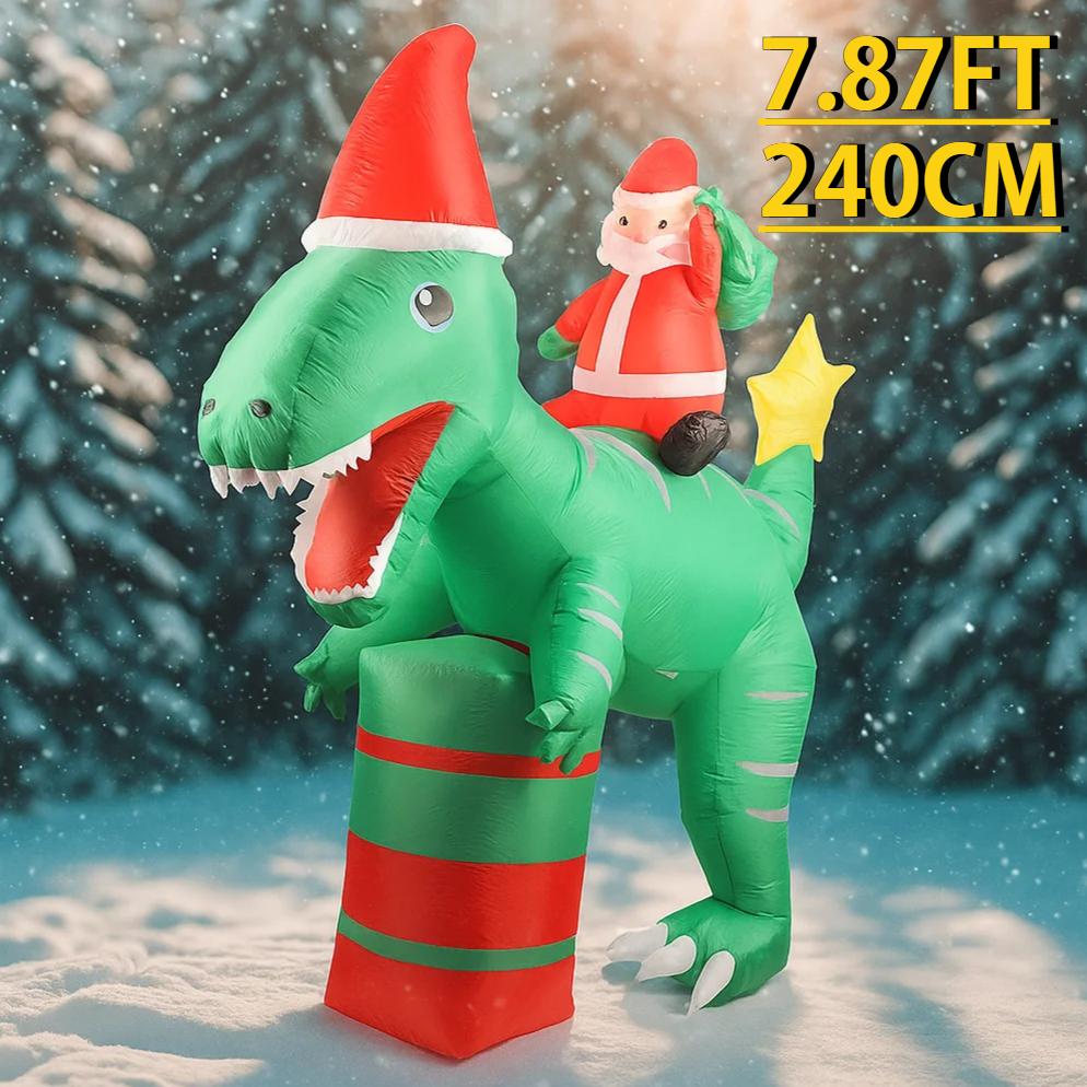 7.87FT Yard Party Decoration Inflatable Santa Ride Dinosaur Toy LED Light Xmas Home Ornaments Supplies Christmas Holiday Gifts
