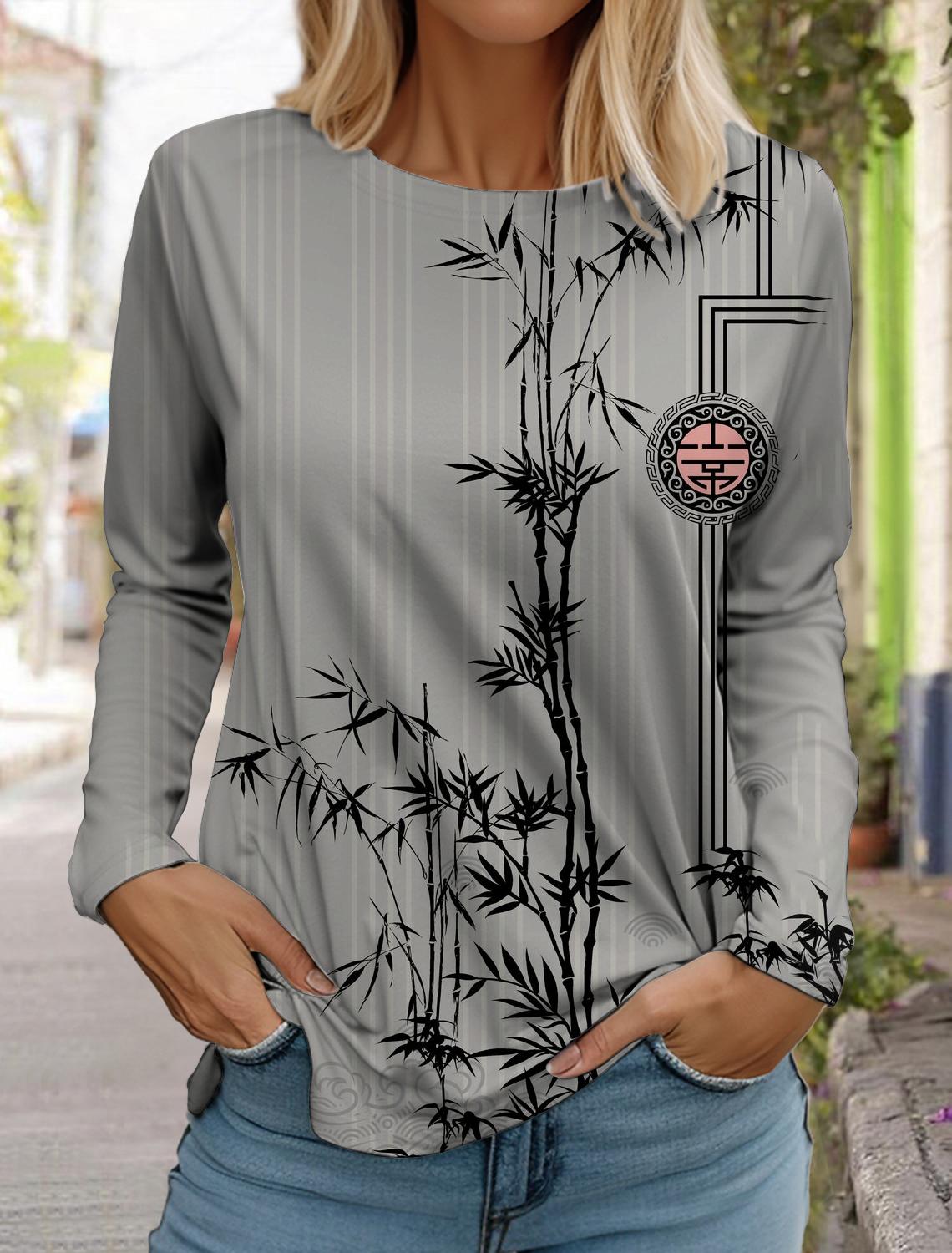 

2024 женская мода ретро топы с длинным рукавом круглый вырез пуловер повседневная футболка с длинным рукавом новая футболка с принтом лотоса 3D XXXL