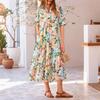 Women's Short Sleeve Floral Print Button Dress - Long Length with Collar and Pockets Smocked for Summer