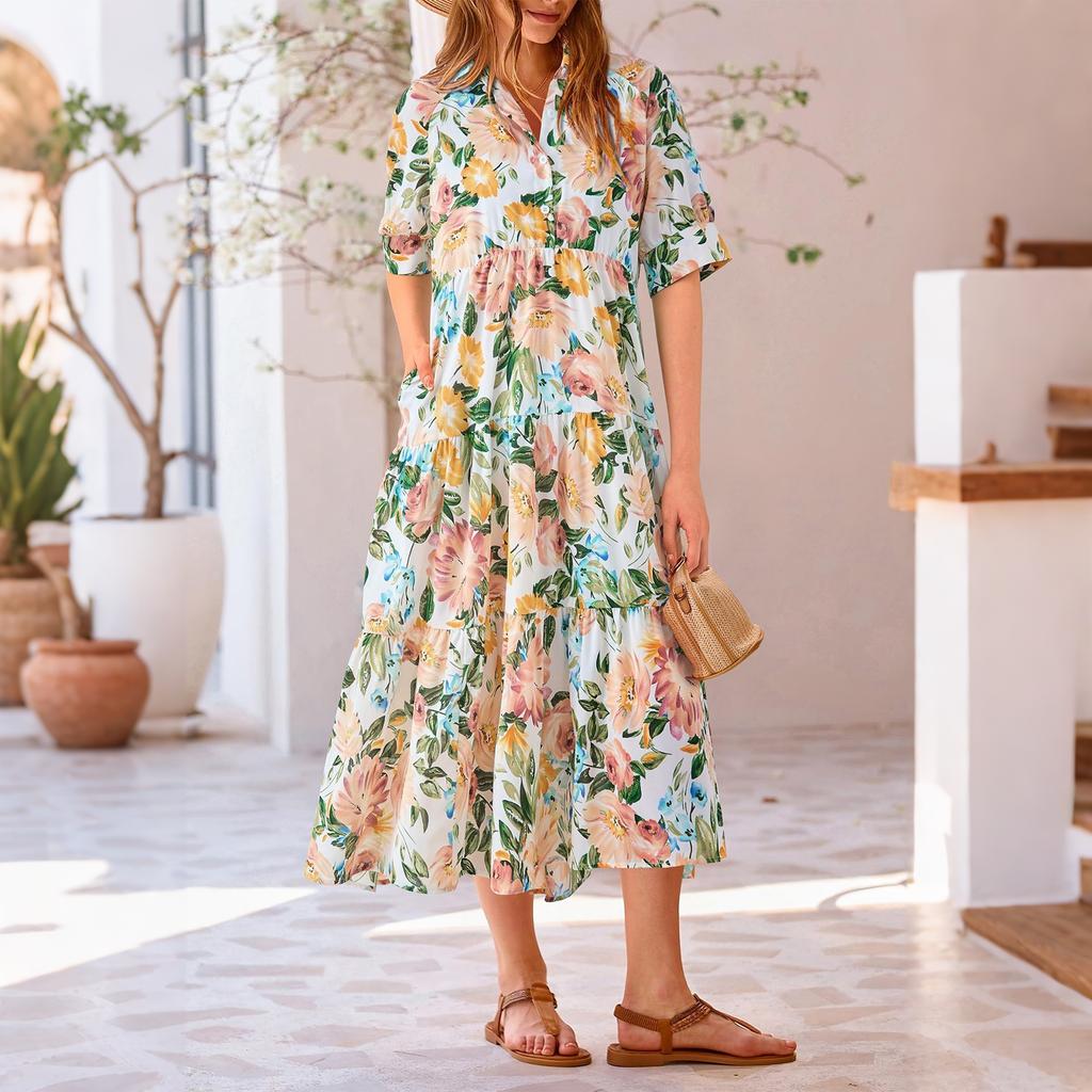 Women's Short Sleeve Floral Print Button Dress - Long Length with Collar and Pockets Smocked for Summer