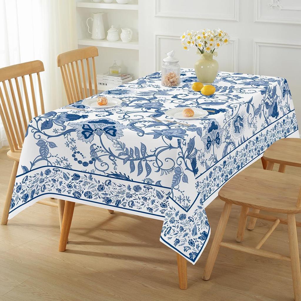Rechteckige Tischdecke mit blau-weißem Blumenmuster, wiederverwendbar und wasserfest, für Küche, Esszimmer und Feiertage
