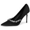 Black pointed high heels women's 2025 new thin heel French sexy rhinestone chain professional temperament shallow mouth single shoes