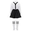 Girls Preppy Style Turndown Collar Bow Top Long or Short Sleeve Button Down with Elastic Waistband Overalls Skirt and Socks Outfit