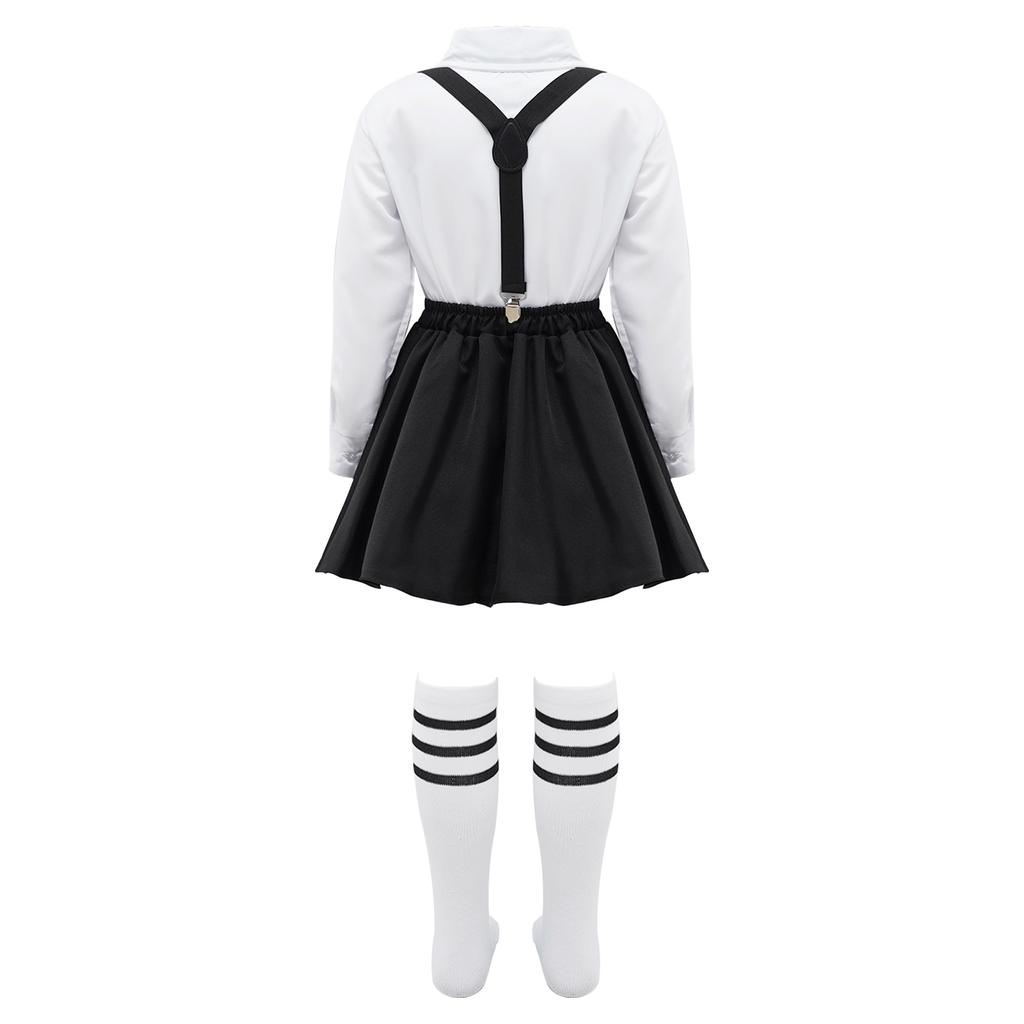 Girls Preppy Style Turndown Collar Bow Top Long or Short Sleeve Button Down with Elastic Waistband Overalls Skirt and Socks Outfit
