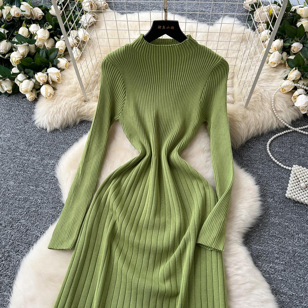 Spring Autumn Women Elegant O-neck Striped Knitted Sweater Long Midi Pullover Dresses