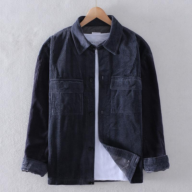 Men's Spring Cotton Corduroy Jacket with Double Pockets, Stripes & Velvet, Loose Fit, Drop Shoulder, Long Sleeve, Japanese Style.