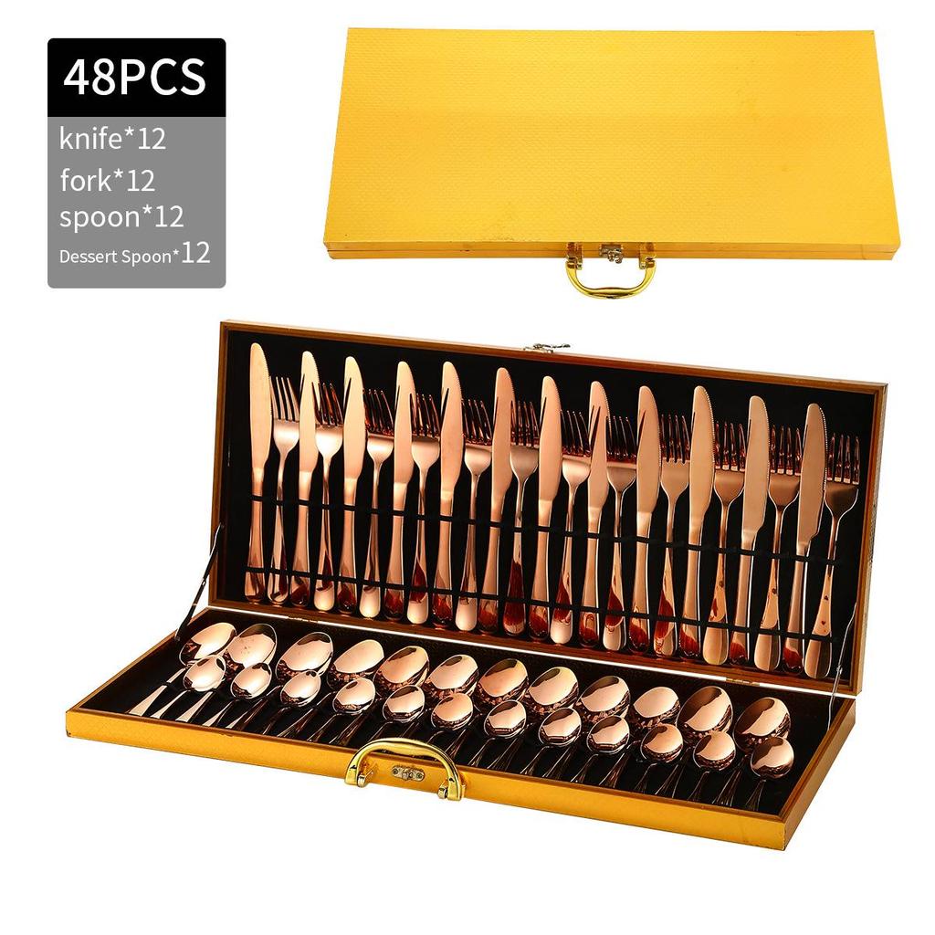Golden Wooden Box Stainless Steel Cutlery Set - Steak Knife, Fork, Spoon for Western Dining
