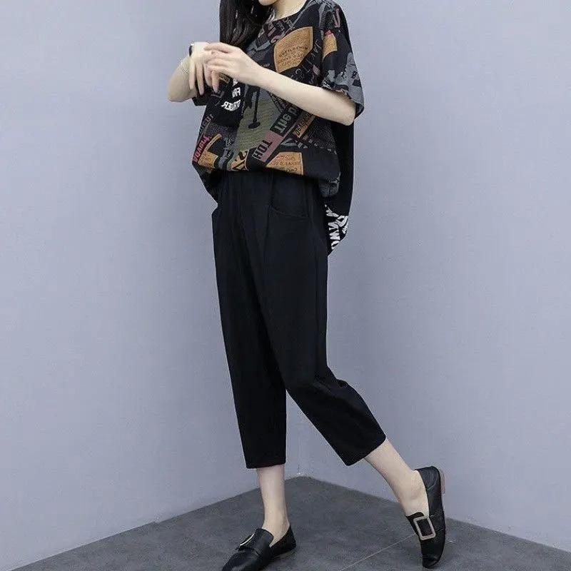 Women's Summer Set: Loose-Fit Casual Short-Sleeve Top + Cropped Pants Plus Size Comfortable Two-Piece Set