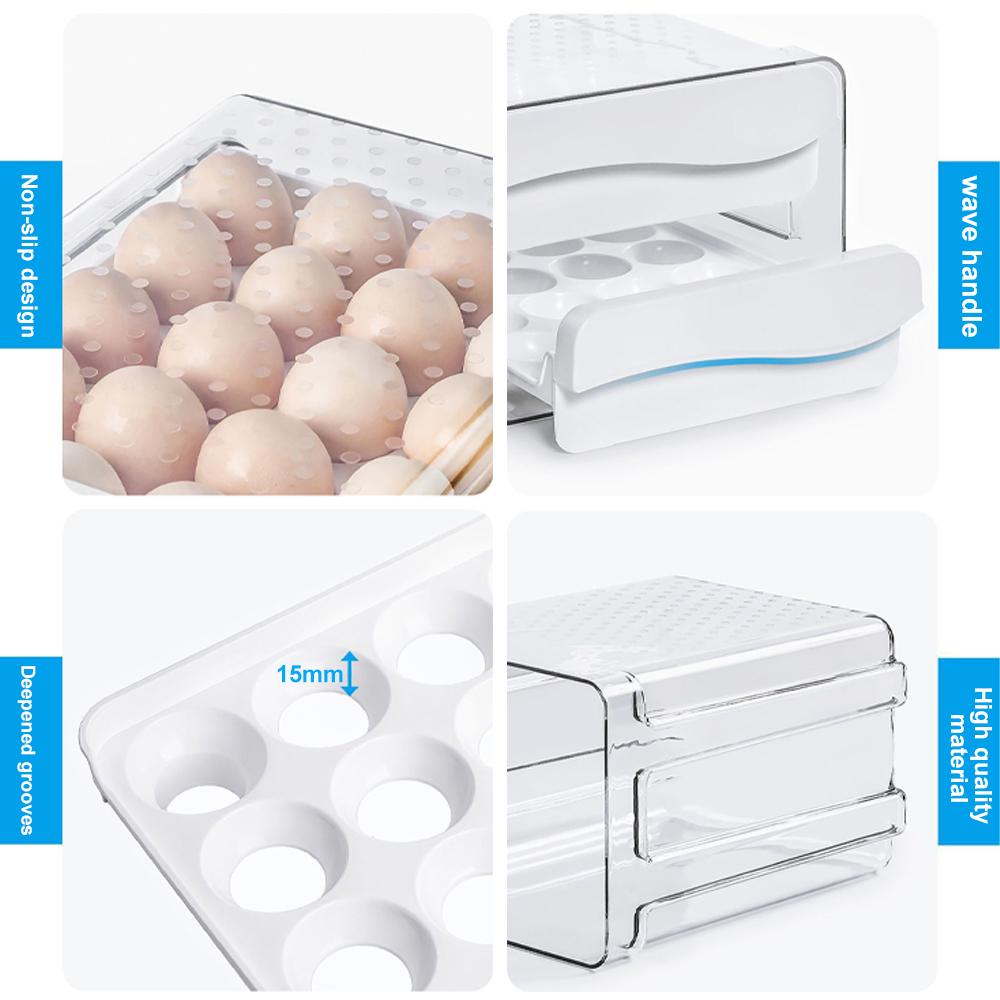 Velkokapacitní držák na vejce do chladničky Organizér na vejce s víkem a rukojetí do chladničky 2 balení průhledné