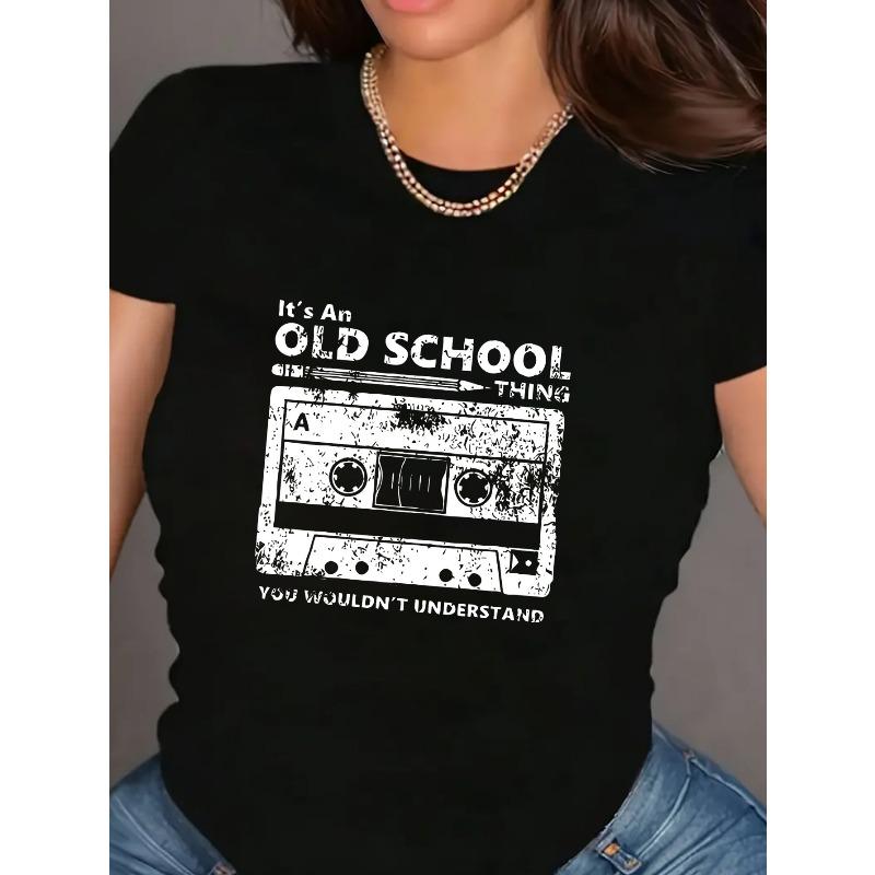 European Size Women's Magnetic Tape Print Short-Sleeve T-Shirt - Casual Round Neck Blouse, Machine Washable