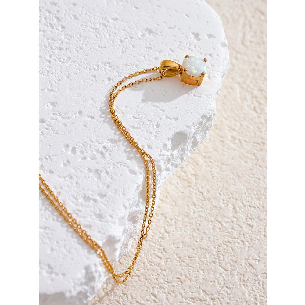 Yhpup Exquisite Round Opal Stone Pendant Necklace for Women Stainless Steel Korean Style Fashion Temperament Neck Jewelry