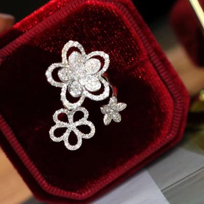 Bague Ouverte Trois Fleurs Zircon Diamant Super Féerique Français Femme Poinçon Mode Mariage Fête Cadeau d'Anniversaire