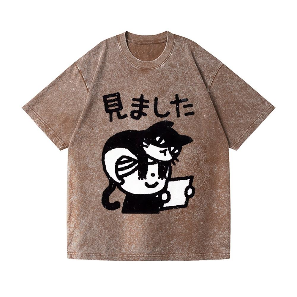 Harajuku Fashion Men's Washed T-shirts Vintage Cat Printing Japanese Design Tees Short Sleeve Round Neck Chic Hiphop Tops