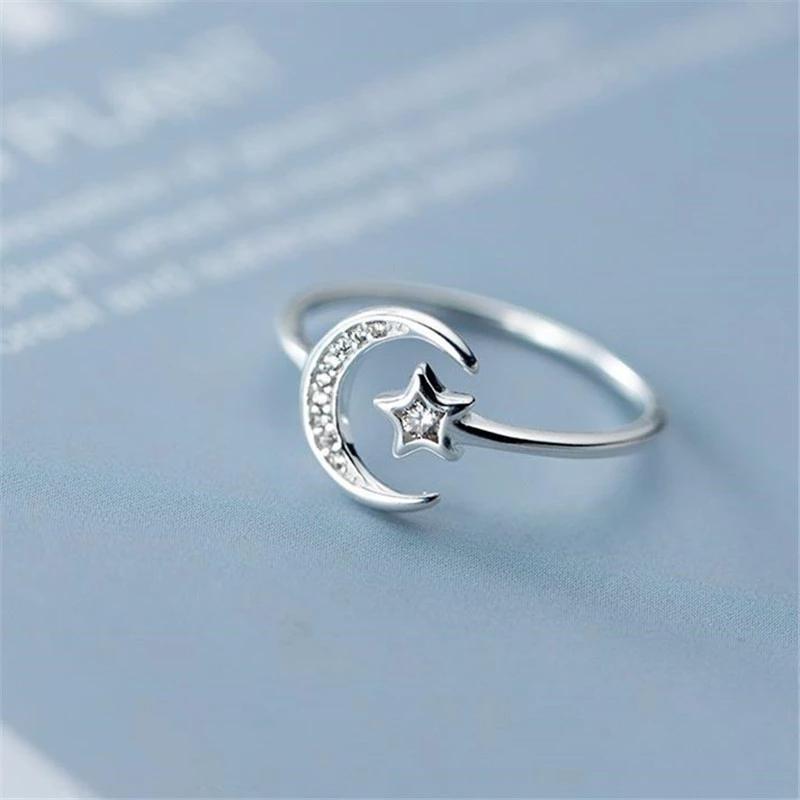 VENTFILLE Silver Color Star Moon Love Ring for Women Girl Gift with Crystal Adjustable Party Jewelry Wholesale Dropship