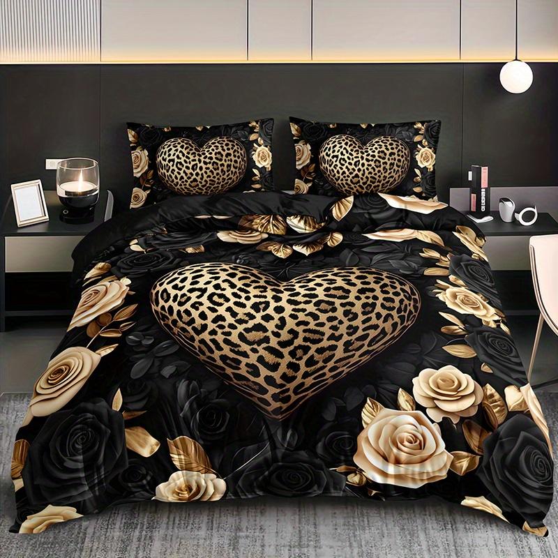 

2/3Pcs Leopard Print Heart Rose Duvet Cover Set, Hd Luxury Vintage Style Bedding With Pillowcases, All Season Home Dorm Decor EU Twin(135x200cm)