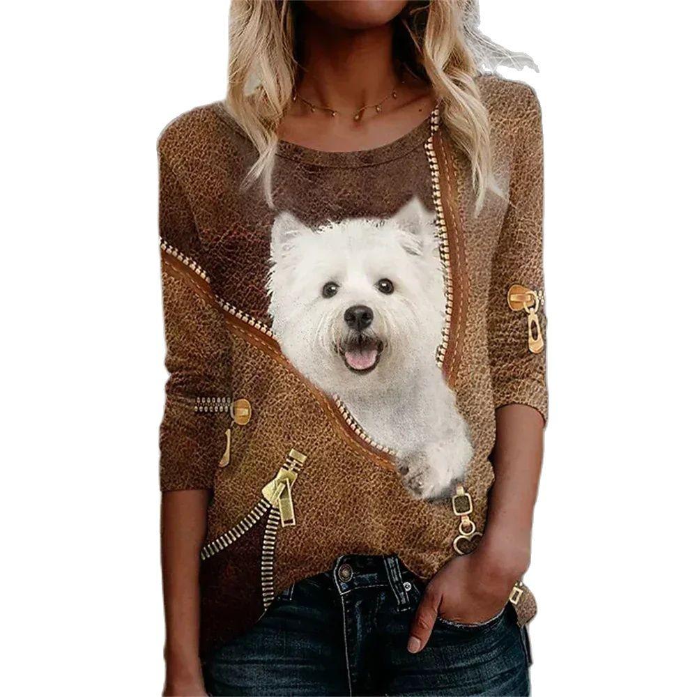 

S~5XL Милая футболка с 3D-принтом маленькой собаки и кошки, с круглым вырезом, спортивная, для бега, повседневный топ0, женская спортивная одежда, новая модель 2024 5XL