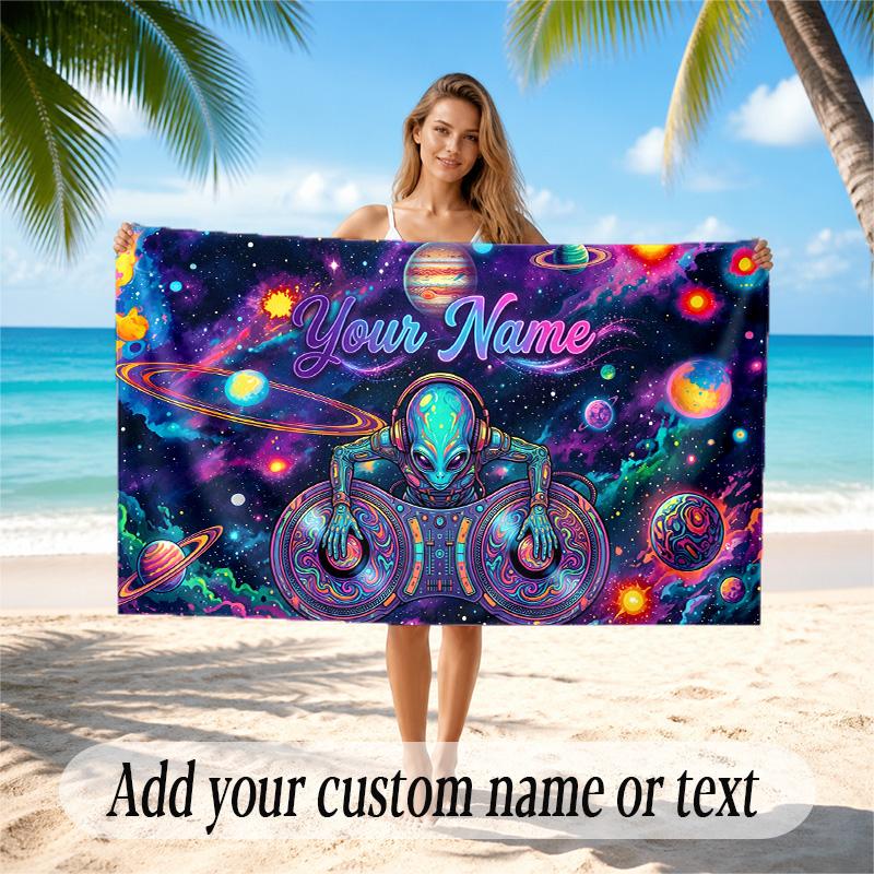 Astronaut Space Theme Quick Dry Beach Towel Custom Name Text Print Large Sand Resistant Towel Beach Vacation
