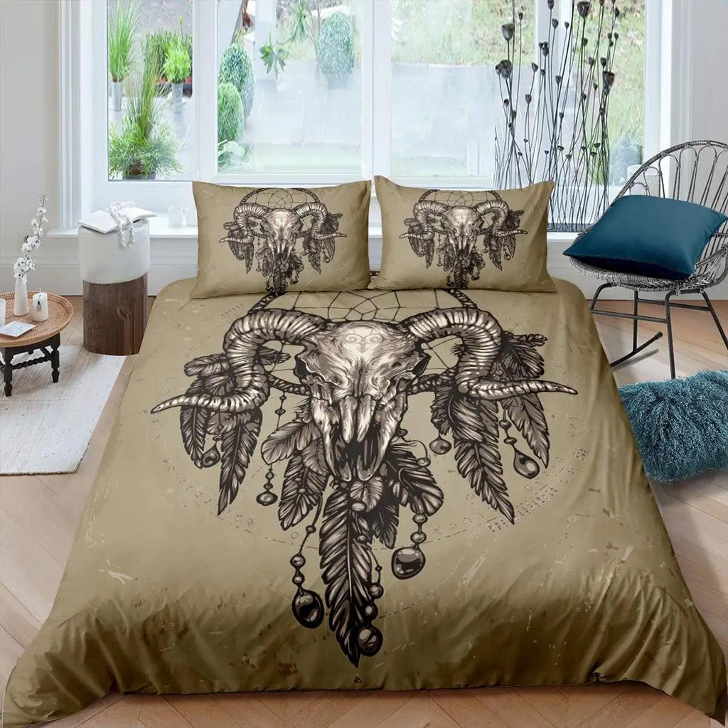 Horror House Duvet Cover Set Art Pentagram Goat Skull Devil Dream Hooded Exorcist Image Decorative Bedding SetKing Size Blue