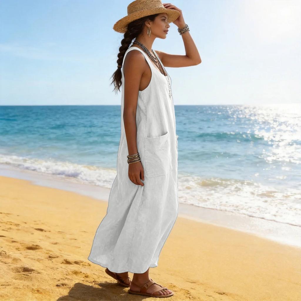 Women Casual Sleeveless Long Dress with Pockets Loose Fit Lightweight Summer Beach Dress Soft Fabric Comfortable Design